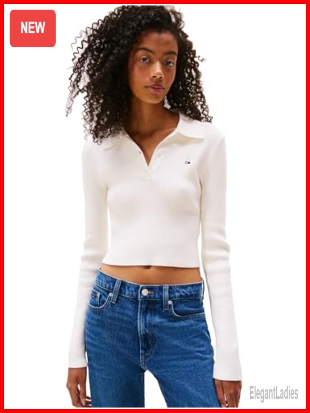 Tommy Jeans Long Sleeve Sweater Polo with Embroidered Flag Logo
